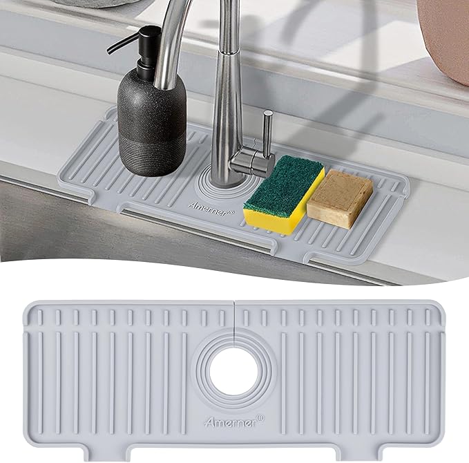Amerner Kitchen Sink Splash Guard, Silicone Faucet Guard & Draining Mat, 10° Large Slope Sink Faucet Mat Splash Guard, Bathroom Sink Organizer, Kitchen Sink Accessories Gadgets, 14.2” x 5.1”, Gray