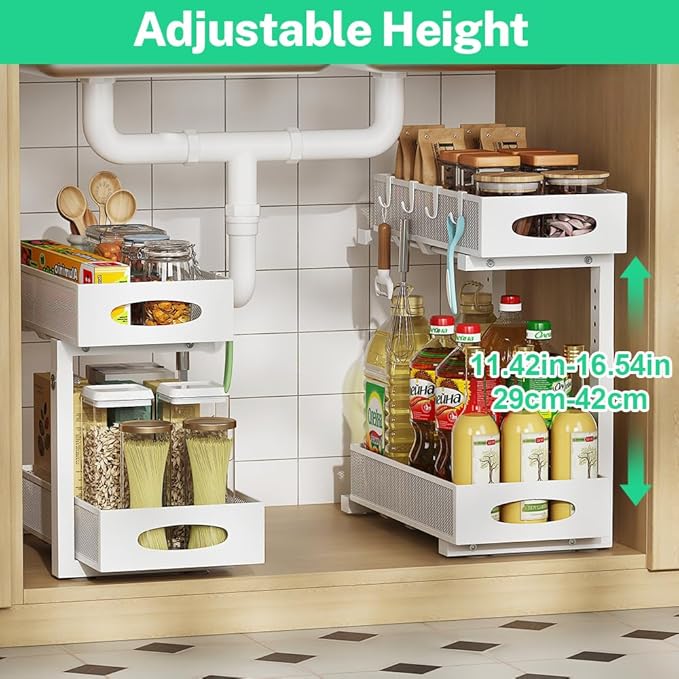 Under Sink Pull Out Organizer, 5-Level Adjustable Height to Fit U/L Shape Plumbing Pipes, Carbon Steel 2-Tier Storage Rack for Kitchen Bathroom Cabinet, White