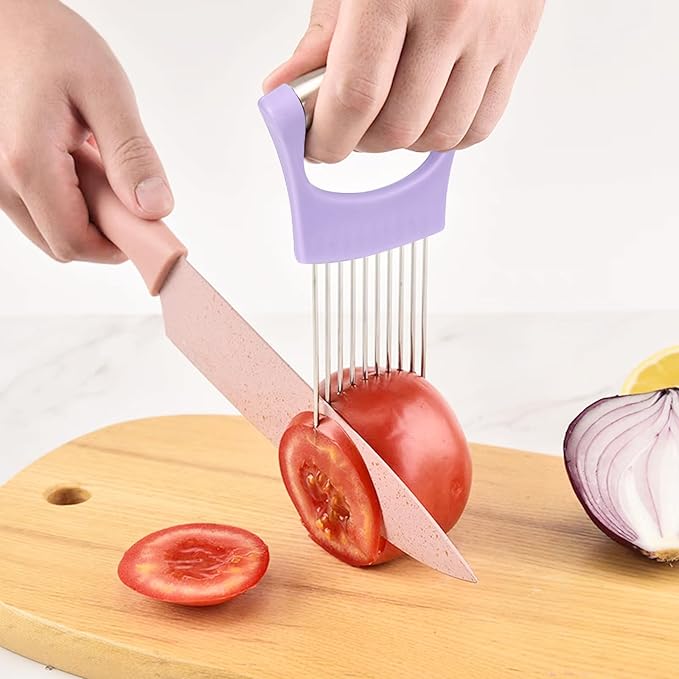 Stainless Steel Onion Holder for Slicing,Onion Slicer Holder, Onion Cutter for Slicing of Onions, Tomatoes,Avocados,Eggs and Other Vegetables,Kitchen Utensils Gift (Purple)
