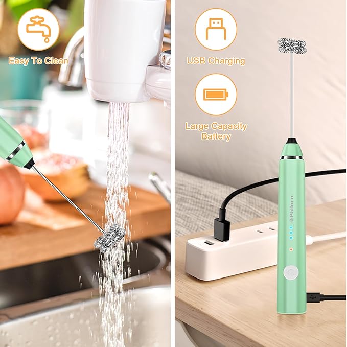 Philorn Milk Frother Wand Handheld Rechargeable Electric Whisk Coffee Drink Mixer, Mini Foamer for Lattes, Cappuccino, Frappe, Matcha, Hot Chocolate, Protein Powder, Keto Diet (Green 2 Heads)