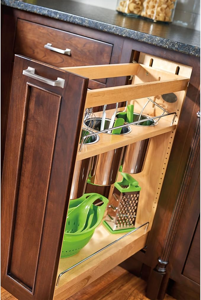 Rev-A-Shelf Maple Pullout Utensil Organizer with 3 Bins & BLUM Soft-Close for Full-Height Base Cabinets, Full Extension Slides, Adjustable Shelves, Min Opening Width of 8.5", 448UT-BCSC-8C