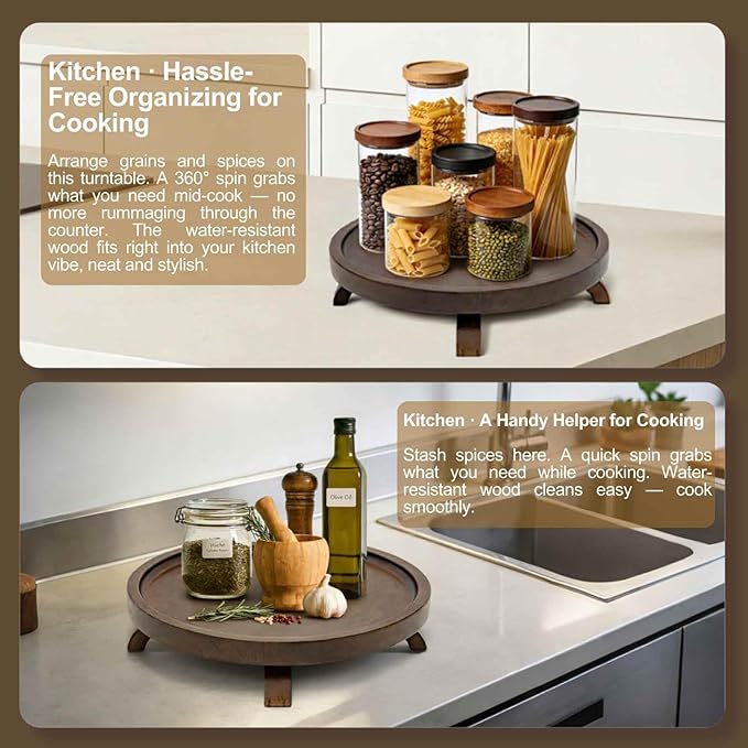 10" Solid Wood Lazy Susan Turntable Organizer for Cabinet, Pantry, Kitchen Countertop - Farmhouse Style with Raised Feet & Water-Resistant Coating, Rustic Bathroom Vanity Tray and Dining Table Decor