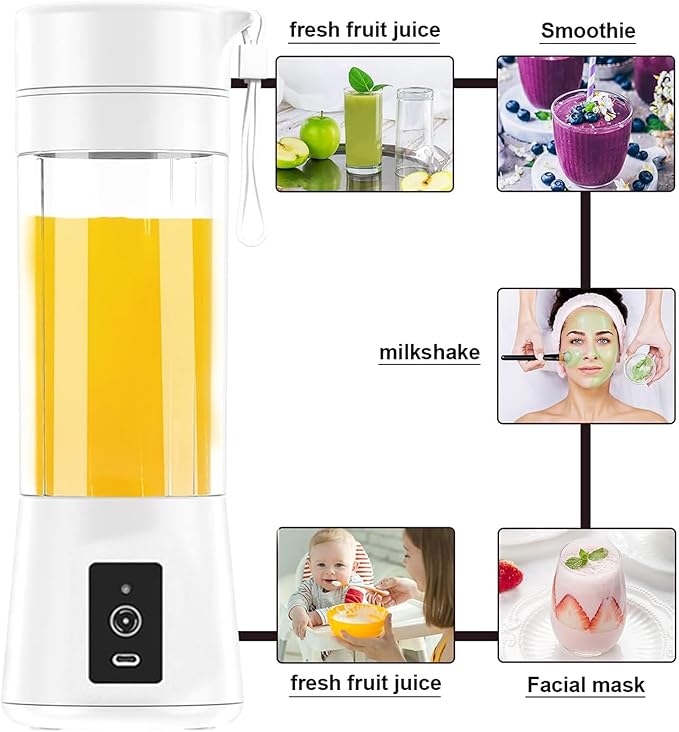 Portable Blender for Smoothies and Shakes, 2000mAh USB Rechargeable Personal Size Juicer Cup Electric Mini Blender with USB Rechargeable for Travel Sports Home Kitchen Office (White)