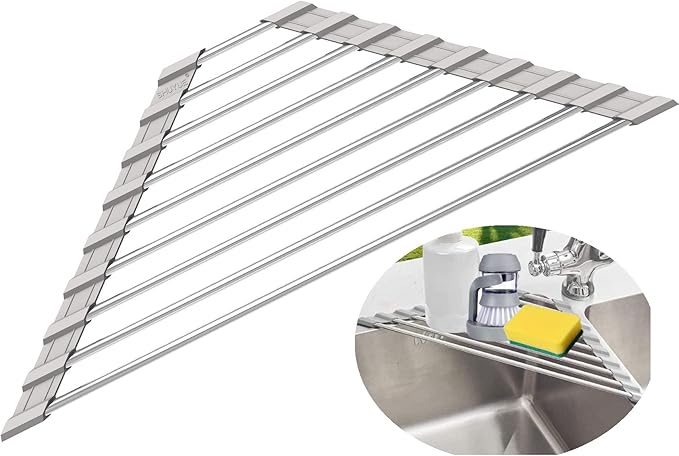 Triangle Dish Drying Rack for Sink Corner Roll Up Folding Stainless Steel Multipurpose Over The Sink Dish Drainer Mat for Kitchen (Grey)