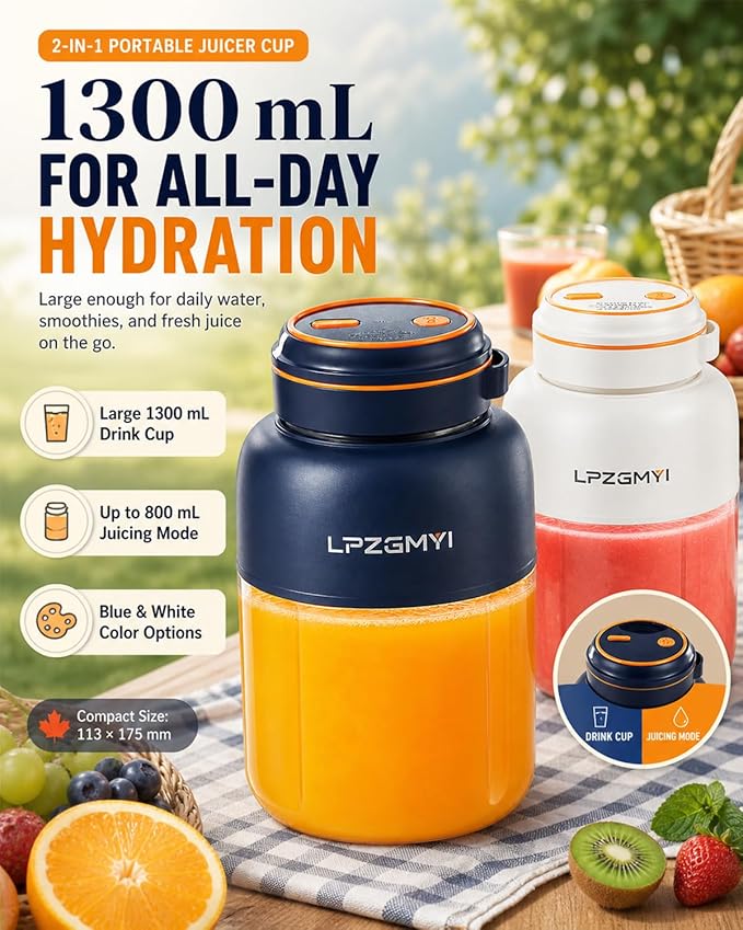 Portable Wireless Juicer Cup Electric Blender Travel Mini Rechargeable Personal Size Juicer Fresh Juice Bottle 44 Fl Oz / 1300 Ml Capacity 48 Blades Compact for Shakes and Smoothies (White)