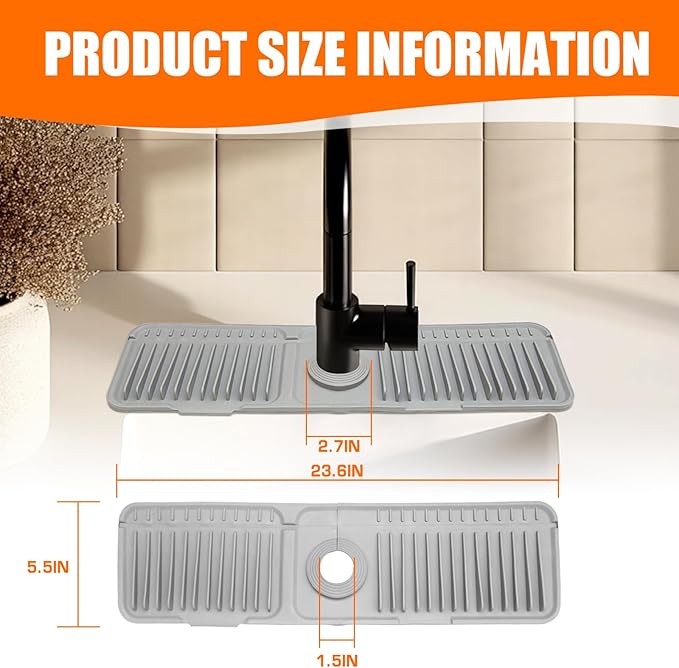24" Silicone Faucet Mat for Kitchen Sink,7° Draining Mat with Snap Button Lock,Faucet Splash Guard and Sink Counter Organizer,Trim-to-Fit Kitchen Faucet Protector for Sponge Brush Cup