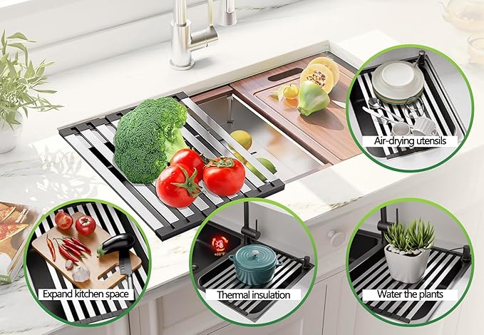Over the Sink Kitchen Dish Drying Rack Organizer - Stainless Steel Collapsible Non-Slip Space-Saving [23.26 * 12.8IN] - Rust-Resistant Heat-Resistant Sturdy - Easy to Clean