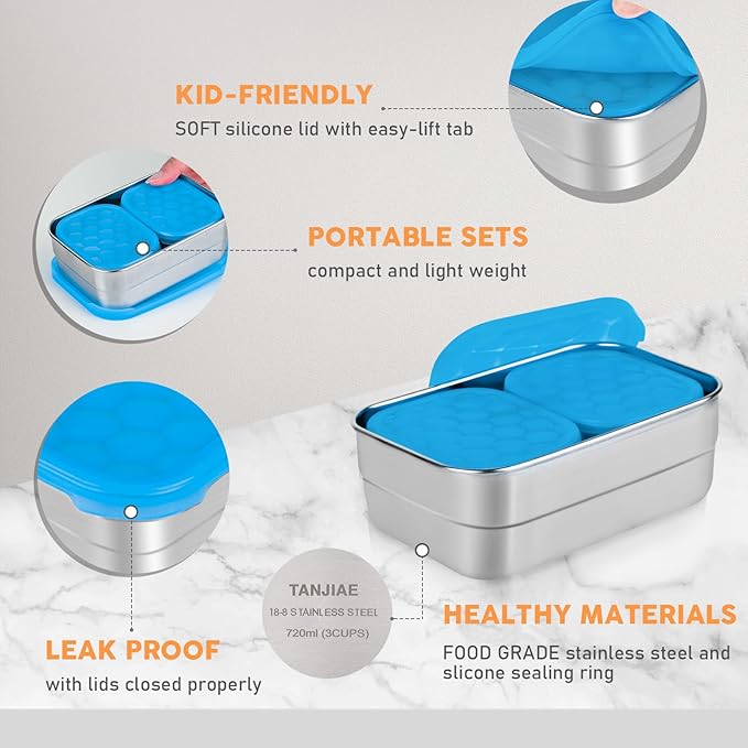 Tanjiae Small Stainless Steel Lunch Containers for Kids | Leak Proof Snack Containers with 100% Pure Silicone Lids - Perfect Metal Lunch Box with Lids for School and Daycare (25oz+8oz*2)
