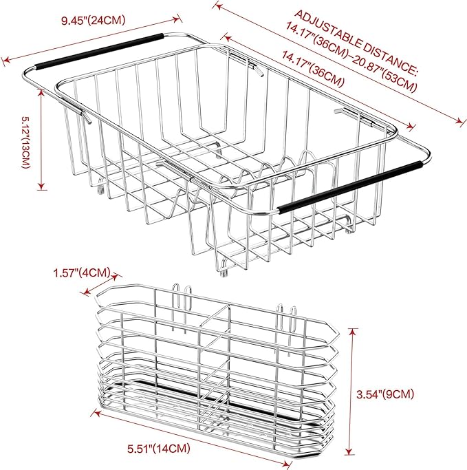 Fanbsy Small Dish Drainer Rack in Sink Adjustable, Expandable Stainless Steel Metal Dish Drying Rack Organizer with Stainless Steel Utensil Holder Over Inside Sink Counter, Rustproof(for 1-2 People)