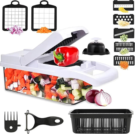 ISHKITCH 16-in-1 Vegetable Chopper & Mandoline Slicer – Multi-Blade Food Dicer, Onion Chopper, Veggie Cutter with Stainless Steel Blades, Dishwasher Safe Kitchen Tool