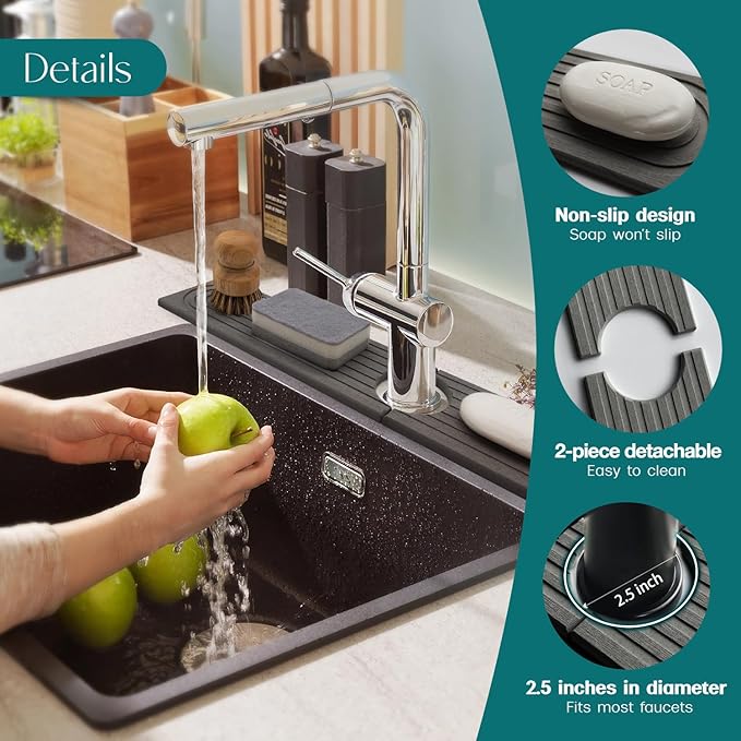 Faucet Splash Guard for Kitchen Sink, Kitchen Sink Faucet Mat with Raised Feet, Durable Drying Matt Kitchen Counter Stone, Water Absorbent Diatomite Drying Mat (Dark Grey, 23.6" x 3.9")