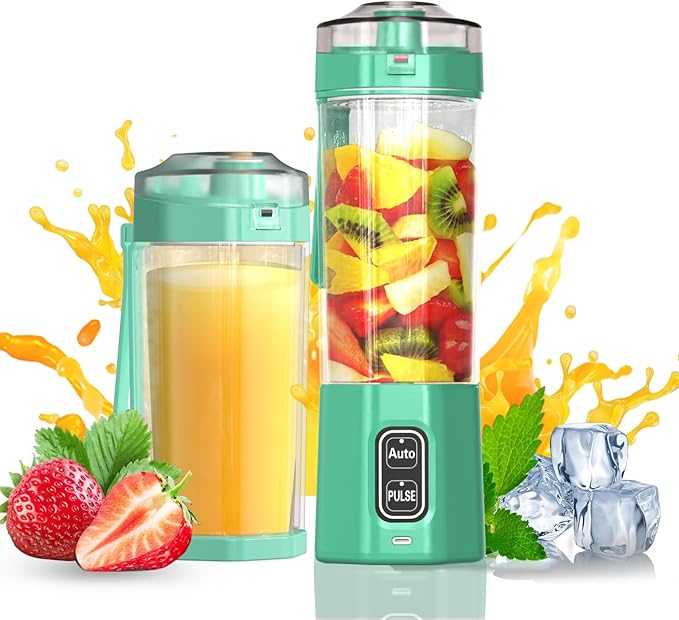 Portable Blender, 360 Watt Personal Blenders with Pulse Mode, Shakes and Smoothies, 6000mAh, BPA Free 24 Oz Blender Cup with 6 Blades and Lid, USB-C, Self Cleaning Portable Juicer, Light green