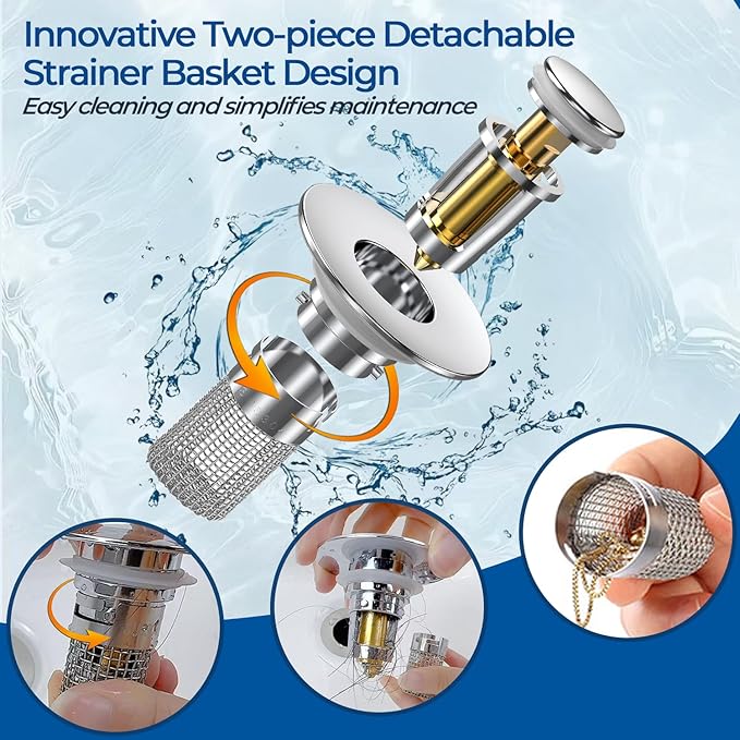 Bathroom Sink Drain Strainer, Pop-up Sink Drain Strainer with Removable Stainless Steel Strainer Basket Hair Catcher, Bathroom Sink Strainer for Bathroom Sink Stopper Replacement(1PCS)