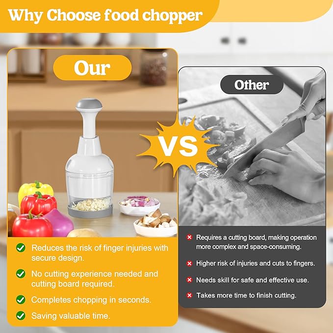 Food Chopper with Container – Manual Onion & Vegetable Chopper, 360° Stainless Steel Blades, Handheld Garlic Nut Veggie Cutter, Dishwasher Safe, Easy to Clean, White