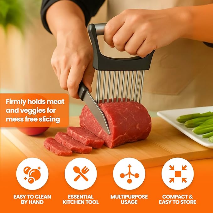 Onion Holder for Slicing (2 Pack) - Stainless Steel Vegetable Slicer Guide, Tomato/Potato/Lemon/Meat Holder - Safe, Even Cuts Kitchen Gadget