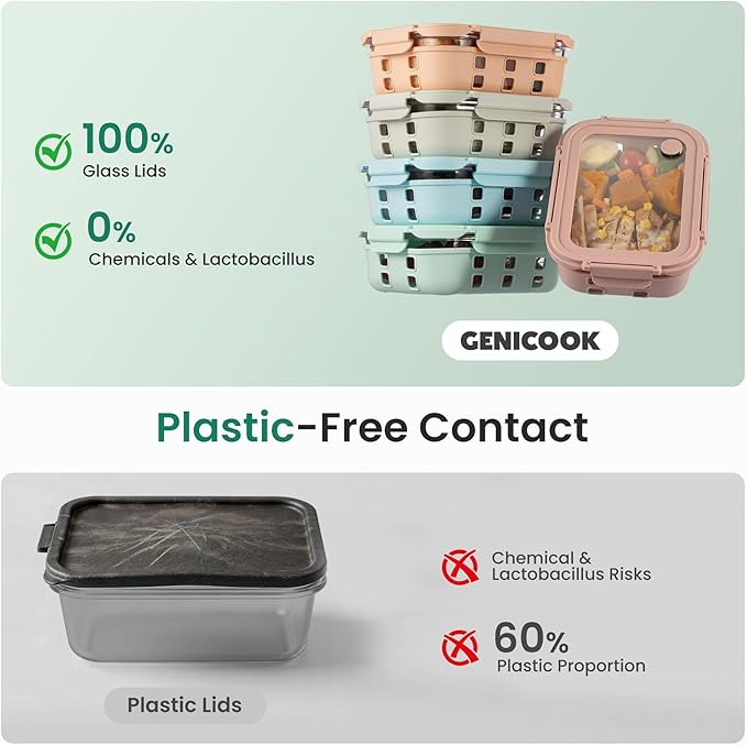 GENICOOK Glass Meal Prep Containers 5 Pack, 4.4 Cup Airtight Leakproof Lids, Borosilicate Glass Food Storage Containers, Microwave Oven Freezer Safe, BPA Free Lunch Containers