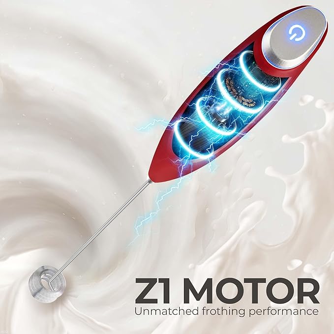 Zulay Kitchen Powerful Milk Frother Wand With Duracell Batteries - Ultra Fast Handheld Drink Mixer - Electric Whisk Foam Maker for Coffee, Lattes, Cappuccino & Matcha - Triple Whisk - Maroon Red
