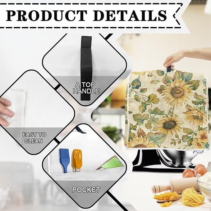 Glowing Rose Butterfly Stand Mixer Dust Cover Fits 6 to 8 Qt Blenders Portable Kitchen Mixer Covers with Top Handle & Attached Pockets for Stylish Kitchen Organization