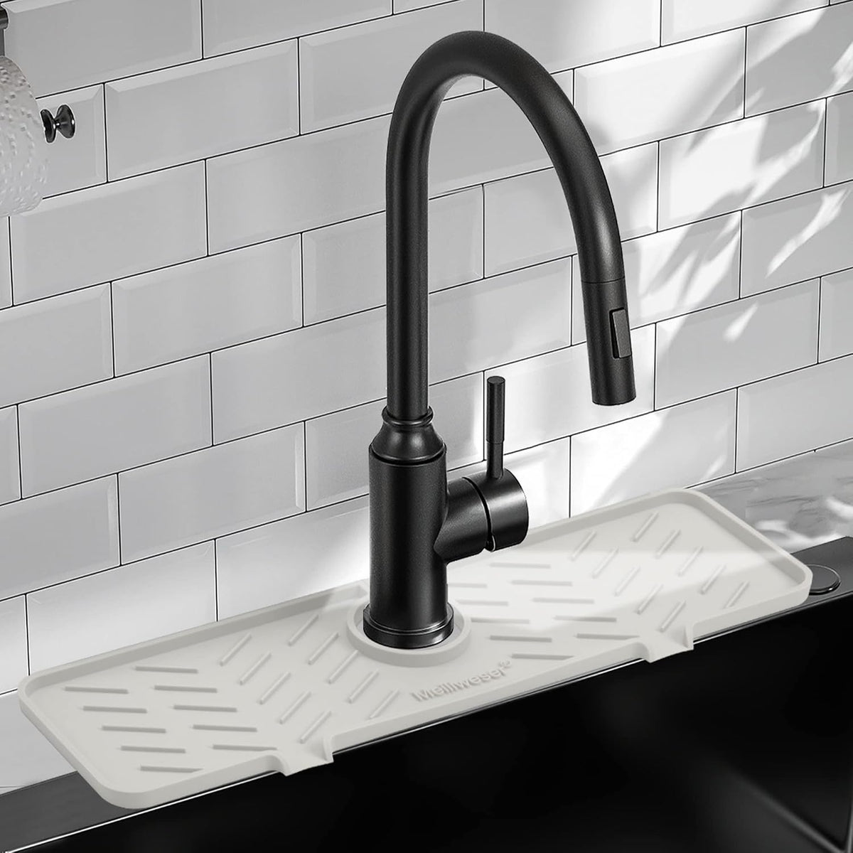 Silicone Faucet Mat for Kitchen Sink – Gen 2 Splash Guard with Upgraded Outlet & Slope – 18” x 5.1” Water Catcher & Sink Sponge Holder for Kitchen and Bathroom (Beige)