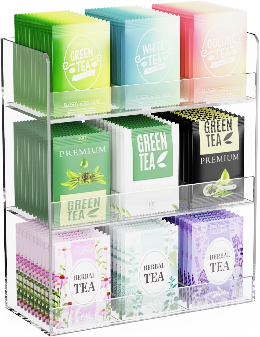 Acrylic Tea Bag Organizer, 3 Layers Tea Bag Holder for Tea Packets, No Assembly Required, Wall Mount Display Tea Caddy for Countertop or Cabinet, 9 Slots, Clear