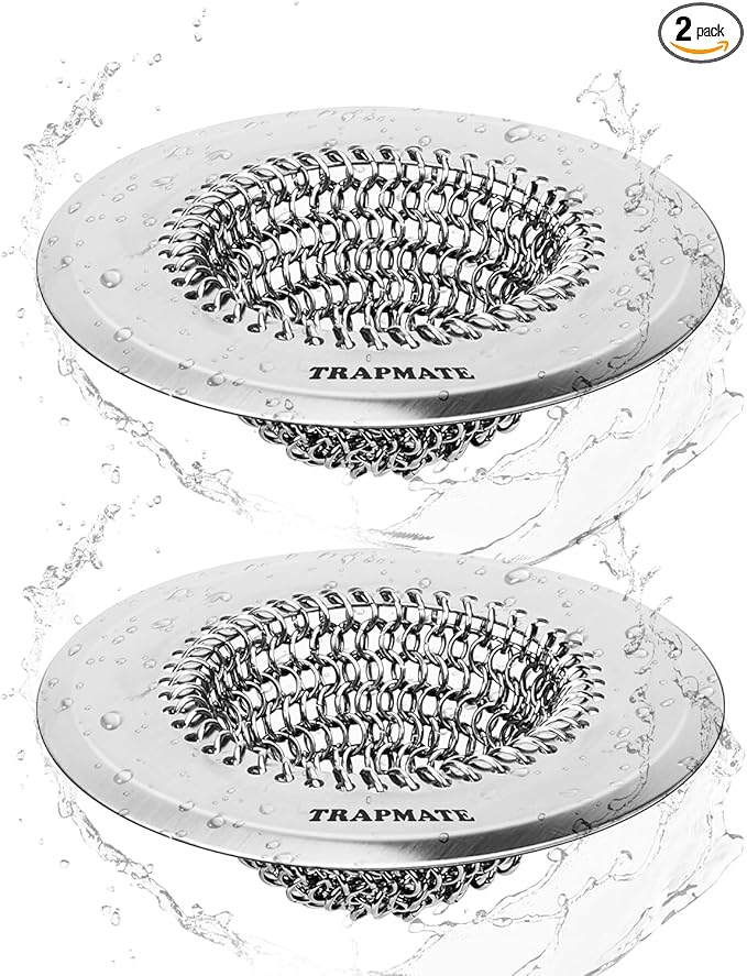 TRAPMATE 2 Pcs Kitchen Sink Drain Strainer, Stainless Steel Sink Strainer Basket with Easy Clean & Anti-Clog, Fits Garbage Disposal, Dishwasher Safe, Single & Double Bowl Sinks (Patented Product)