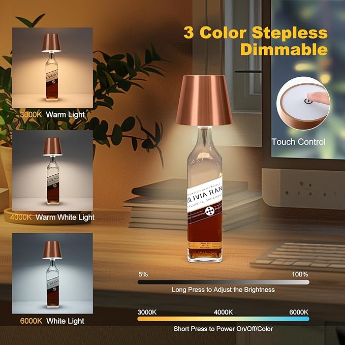 Wireless Bottle Lamp, 2026 New 3 Color Rechargeable Led Wine Bottle Lights for Bars Restaurants (Champagne, 1PC)