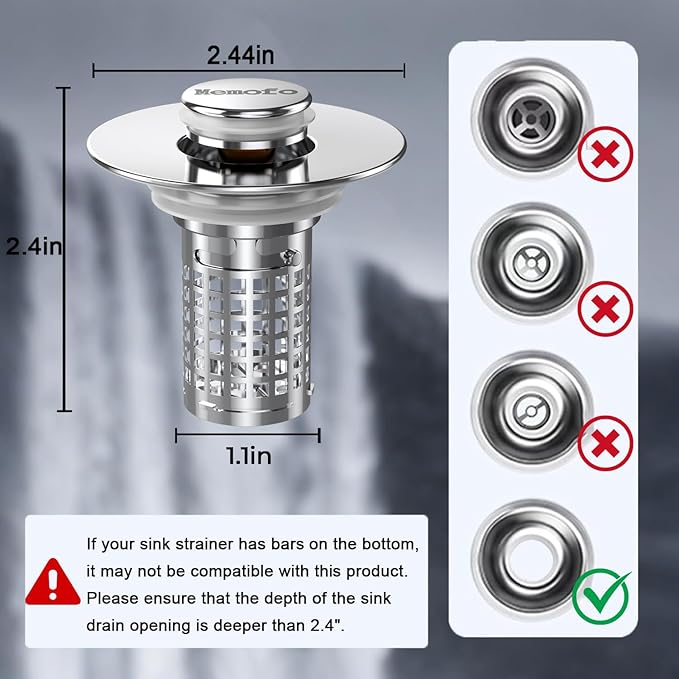 Bathroom Sink Stopper, Stainless Steel Pop-up Sink Stopper Hair Catcher with Removable Basket (2PCS)