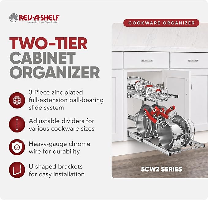 Rev-A-Shelf 2-Tier Kitchen Cabinet Pullout, Cabinet Organizer for Pots, Pans, and Lid Cookware, Adjustable Heavy Duty Wire, Min Opening Width of 11.5", Chrome, 5CW2-1222-CR