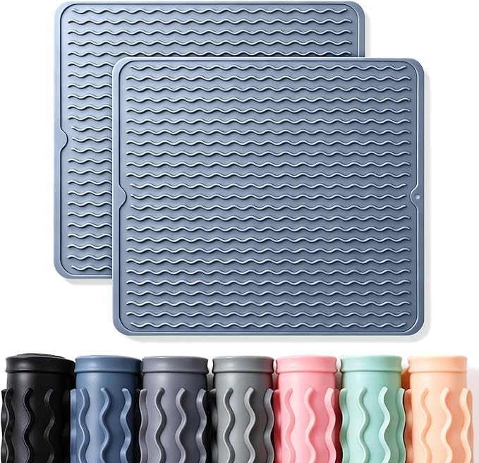 CAKETIME 2 Pack Silicone Dish Drying Mat for Kitchen Counter Multiple Usage for Cooking Grilling Under Sink Office Coffee Accessories Appliances Pioneer Woman Stuff Extra Large 18"x16" Blue