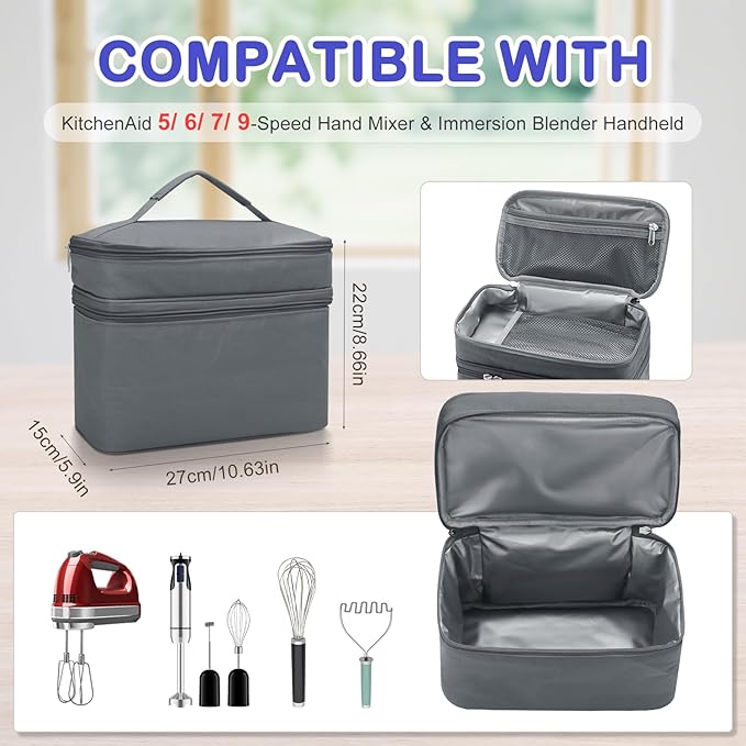 Hand Mixer Case for Kitchen Aid - Immersion Blender Attachments Storage Bag Blender Stick Handheld Carrying Case with Handle Hand Mixer Accessories, Portable Travel Organizer (Bag Only) Gray