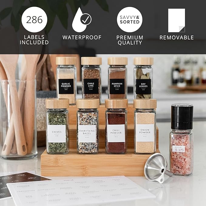 SAVVY & SORTED Glass Spice Jars with Label, 24PK Bamboo Jar Spices Set 4oz, 374 Spice Labels, Pepper Grinder, Empty Herb Seasoning Containers, Funnel and Shaker Lids