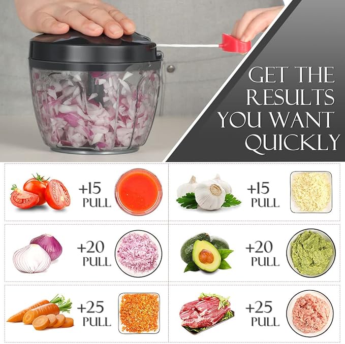 Ourokhome Manual Food Processor Vegetable Chopper, Portable Hand Pull String Garlic Mincer Onion Cutter for Veggies, Ginger, Fruits, Nuts, Herbs, etc., 650ml, Black