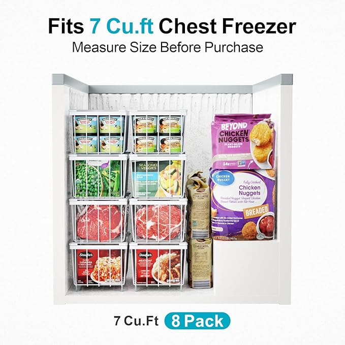 iSPECLE Deep Freezer Organizer Bins - Fits 7 Cu.Ft Chest Freezer, 8 Pack Stackable Wire Baskets(14.7" Length), Heavy Duty Coated Freezer Organizer, Rust Resistant for Frozen Food Sorting, White