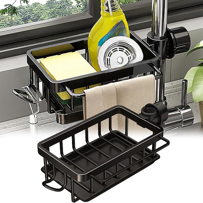 Kitchen Sink Faucet Organizer, Kitchen Sink Organizer Over Faucet, Over Sink Dish Drying Rack, Sponge Holder for Kitchen Sink, for 0.7-1.1 inch Round Water Pipe (Black, Left Mount)