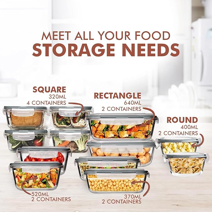 Razab 24 Pc Airtight Glass Food Storage Containers - Glass Meal Prep Containers - Freezer to Oven Safe - Steam Release Valve BPA Free - Airtight Bento Boxes - Leak Proof (12 lids & 12 Containers)