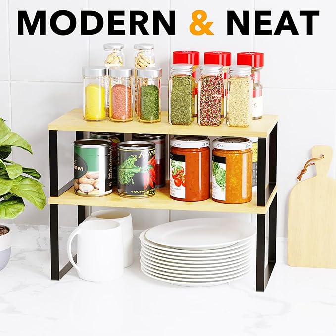 SpaceAid Cabinet Shelf Organizers 2 Pack, Kitchen Counter Rack Shelves Riser, Stackable Expandable Spice Rack, Pantry Cupboard Storage Organization (Black and Natural, Long)
