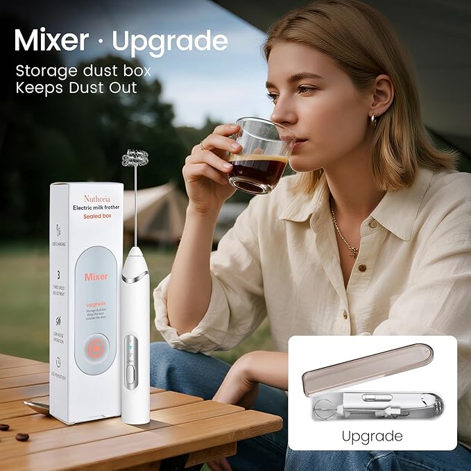 Handheld Milk Frother with Travel Case - Portable USB Rechargeable Mini Whisk for Coffee, Latte. Includes 3 whisks, storage, perfect for frothing milk, beating eggs, and blending drinks.