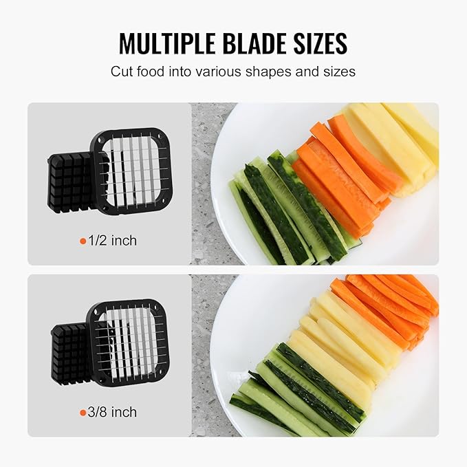 VEVOR French Fry Cutter, Potato Slicer with 1/2-Inch and 3/8-Inch Stainless Steel Blades, Manual Potato Cutter Chopper with Suction Cups, Great for Potato, French Fries, Cucumber, Vegetables, Carrot