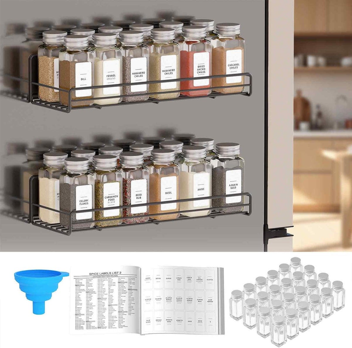 2 Pack Magnetic Spice Rack with 24 Spice Jars, 400 Labels and Funnel, Space Saving Refrigerator Fridge Oven Shelf Organizer