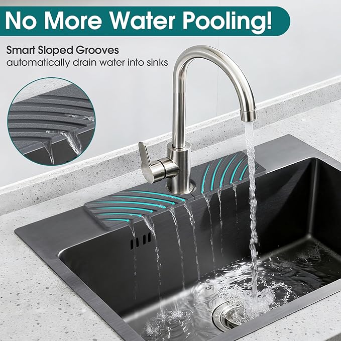Quick Dry Stone Faucet Mat for Kitchen Sink - 15.8"x3.9" Natural Diatomite Stone Drying Mat for Kitchen Counter Bathroom Dish Dry Mat Auto Drainage Sink Protector (Dark Grey)