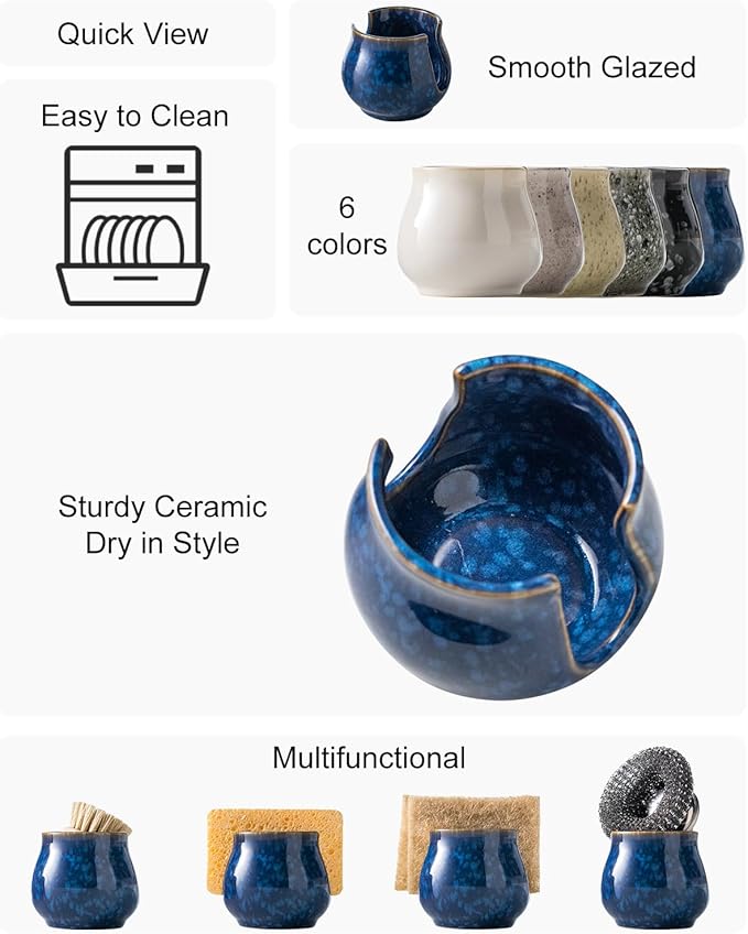 Zoeeker Ceramic Sponge Holder, Kitchen Sink Scrubby Caddy Organizer Dish Sponge Dish Rack for Scrubbers, Bathroom, Sink, Blue