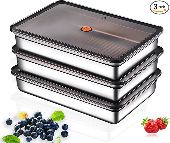 Stainless Steel Food Storage Containers, Silver, Airtight with Vacuum Seal, Stackable Rectangular, 3-Piece Set, BPA-Free Lids, for Meal Prep and Leftovers Storage(Shallow- 1.9'' Height)