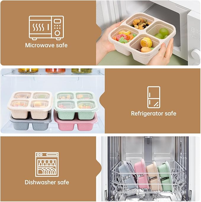4 Pack Bento Lunch Box，4 Compartment Snack Containers，Divided Bento Snack Box，Meal Prep Containers Kids/Toddle/Adults,Food Storage Containers for School, Work and Travel