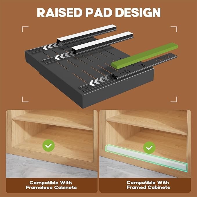 Seinloes 2 Pack Expandable (15.1"-26.3") Pull Out Cabinet Organizer 21" Deep With Raising Pad for Framed Cabinets,Upgrade 3 Slide Rails Slide Out Drawers,No Drill Roll Out Shelves Adhesive,Black