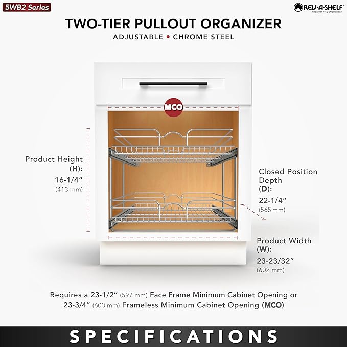 Rev-A-Shelf 2-Tier Pullout Shelf and Drawer Organizer for Kitchen Cabinets, Slide Out Storage Basket, Min Opening Width of 23.5", 24" x 22", 5WB2-2422-CR-1