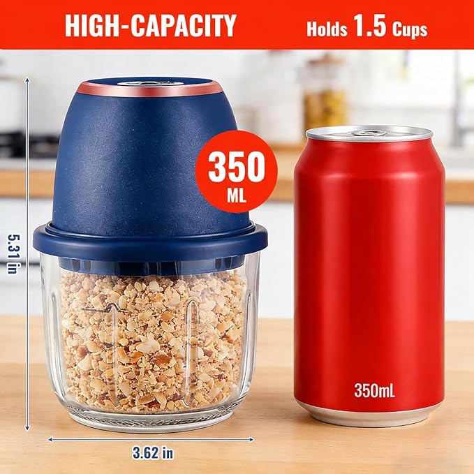 Electric Garlic Chopper 350ml, Powerful Portable Mini Food Processor, 1 Head 6 Blades, 1200mAh USB Rechargeable One-Touch Mincer for Garlic, Onion & Herbs, Auto Shut-Off, Noise-Reducing Base(Blue)