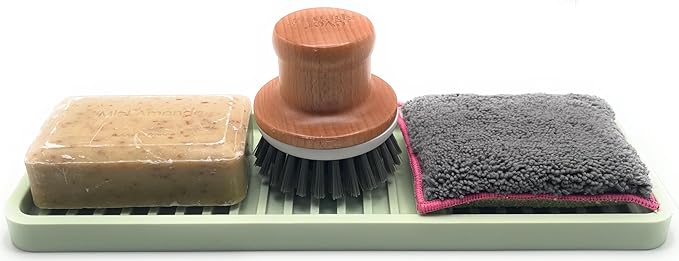 Silicone Sink and Surface Organizer Tray, Sponge Holder, Vanity Tray, Heat Safe, Dishwasher Safe, for Bathroom and Kitchen Organization (Pistachio, 12"x4")