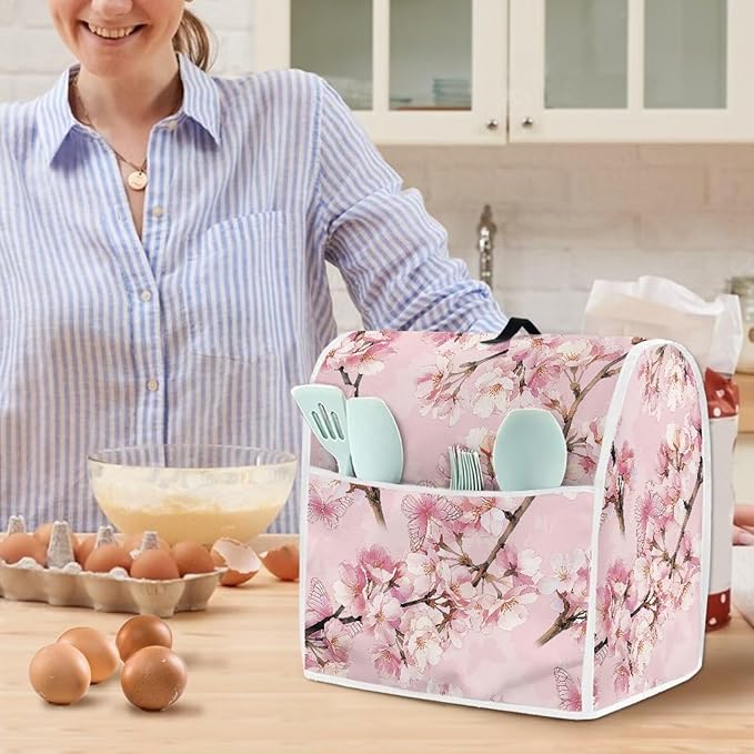 Elegant Cherry Blossom Butterfly Mixer Cover Oil-Resistant Machine Washable Dust Cover for 4.5-5 Qt Stand Mixers with Handle & Pocket Reusable Kitchen Appliance Protector