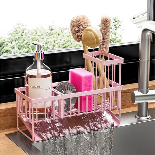 Cisily Pink Kitchen Sink Caddy Organzier with High Brush Holder