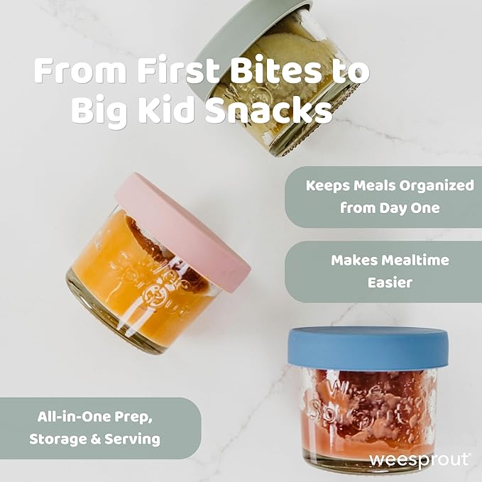 WeeSprout Glass Baby Food Storage Jars with Silicone Lids (4 oz, 12 Pack Set) Snack, Puree, Reusable Small Containers, Breast Milk, Fridge or Freezer, Essential Must Have for Infants